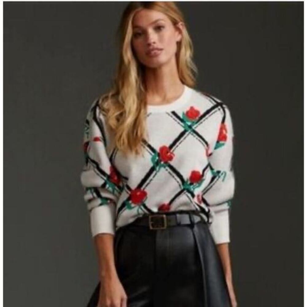 Anthropologie Maeve The Cameron Cropped Crewneck Sweater Size small Tan Floral
